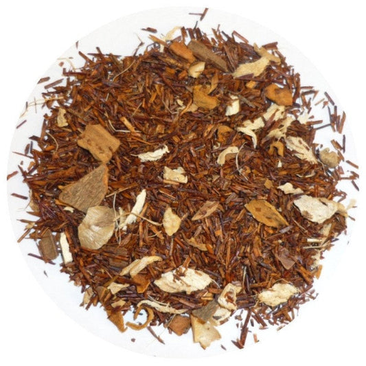 Spiced Rooibos Herbal Tea - A warm, caffeine-free blend of earthy rooibos and aromatic spices like cinnamon and cardamom for a cozy tea experience.